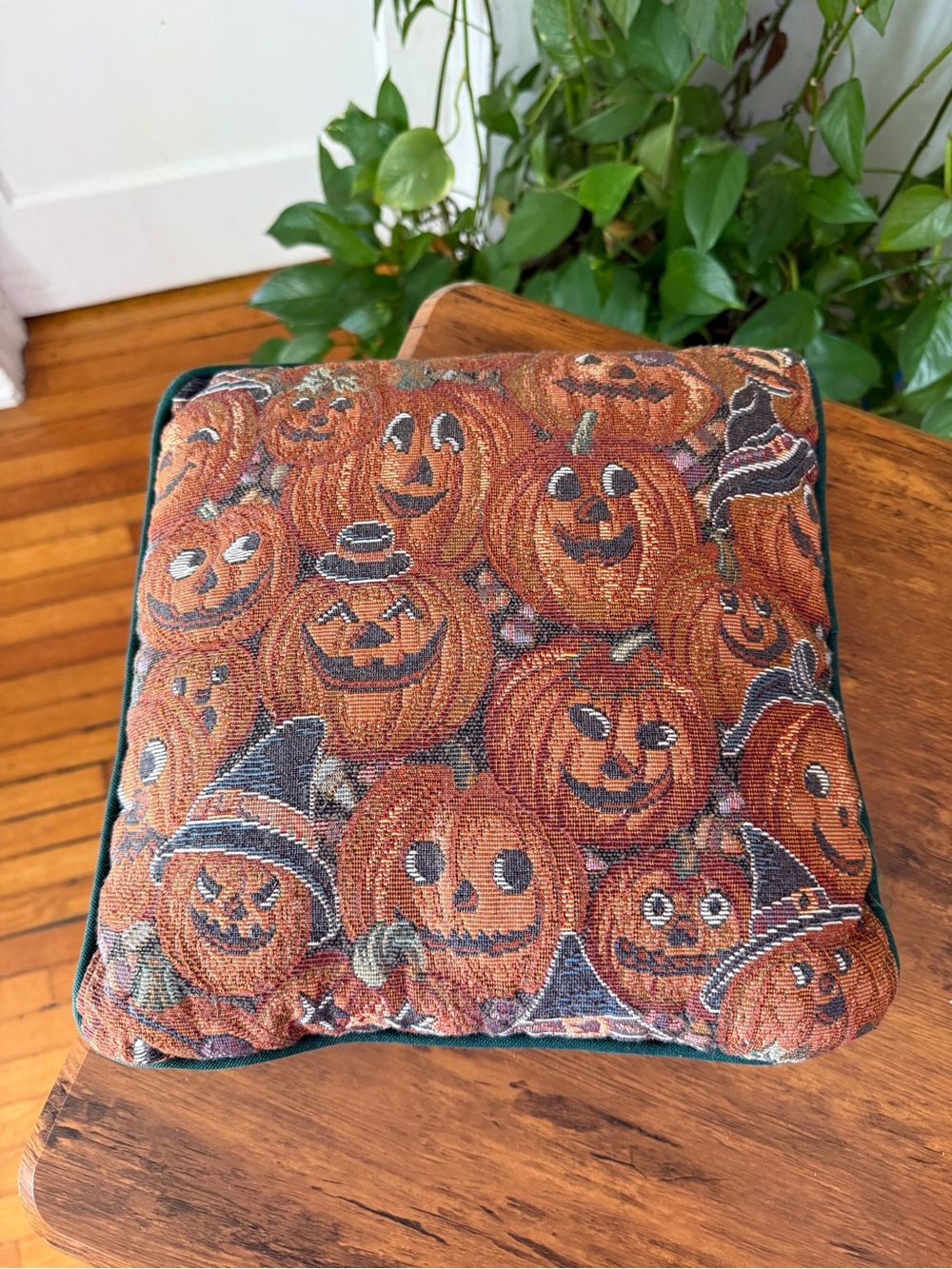 Halloween Pumpkin Toss Pillow - embroidered Orange vintage